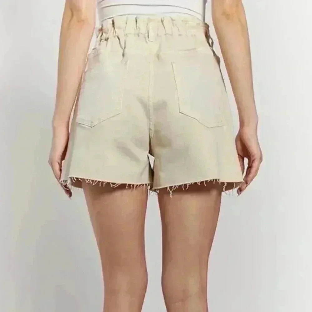 OAT New York High Waist Slouchy Denim Shorts XL Beige Elastic Waist Raw Hem‎ NWT